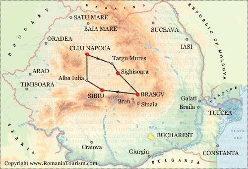Romania Itinerary Map (Transylvania's 'Siebenburgen': Cluj - Sighisoara - Brasov - Sibiu - Cluj )